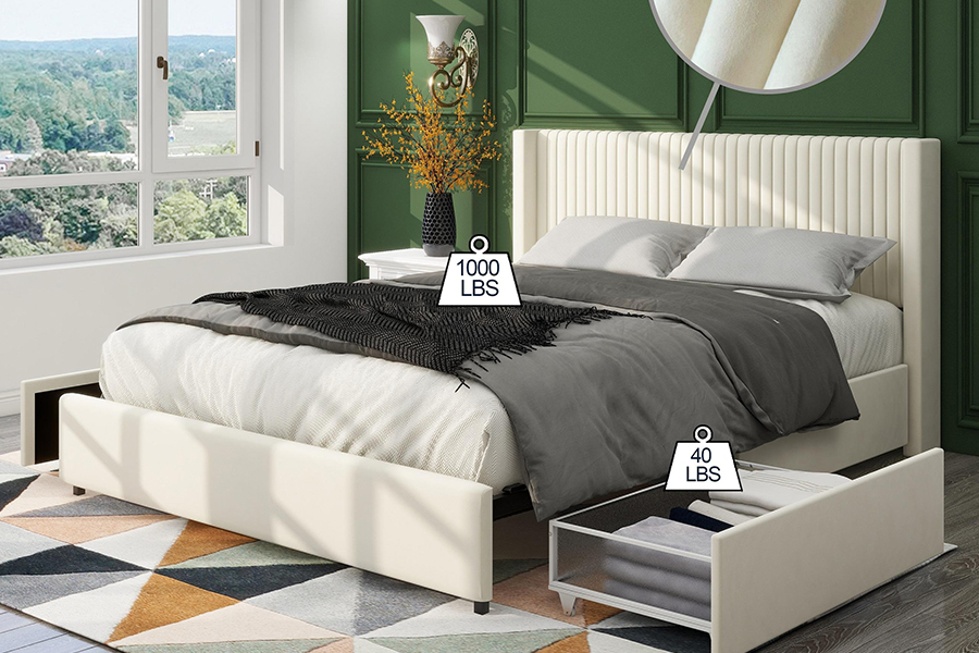 N18 Moderne beige polstret myk seng Justerbar polstret oppbevaringsseng