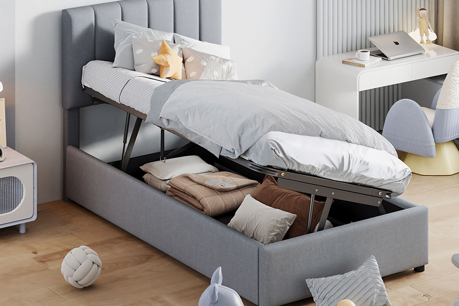 N16 Modern Grey Stoff Løftbar oppbevaringsfunksjon Polstret Oppbevaring Sengeramme