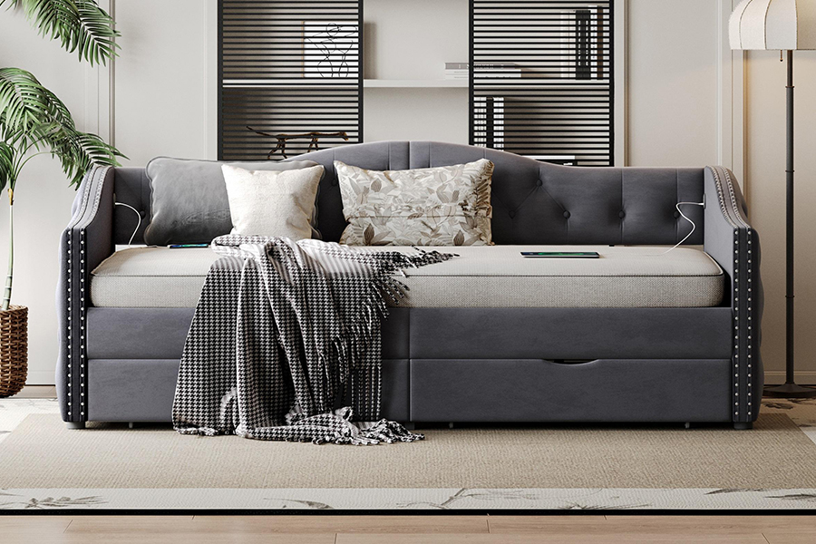 N13 Europeisk moderne grå fløyelspute Oppbevaring Sovesofa