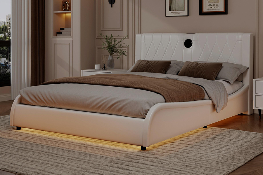 N8 justerbar plattformseng Moderne hvit myk seng LED polstret sengeramme