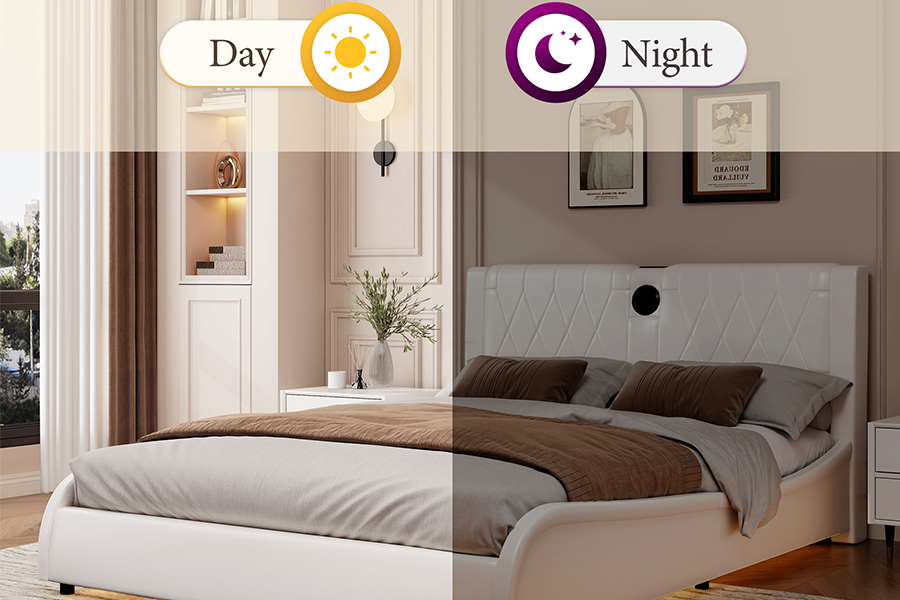 N8 justerbar plattformseng Moderne hvit myk seng LED polstret sengeramme