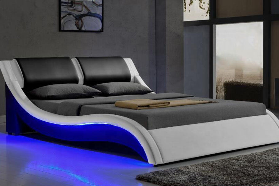 1187-1 italiensk S-Shape LED Leather King Polstret Sengeramme