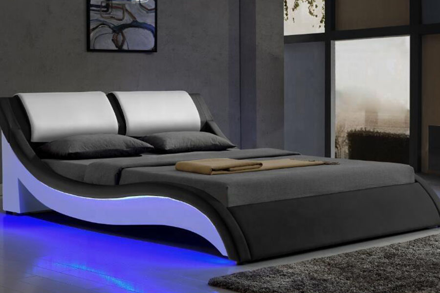 1187-1 italiensk S-Shape LED Leather King Polstret Sengeramme