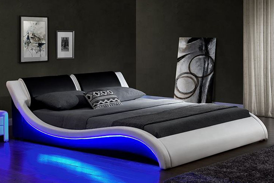 1178-1 Wave-lignende LED-ramme Leather Queen King Polstret seng