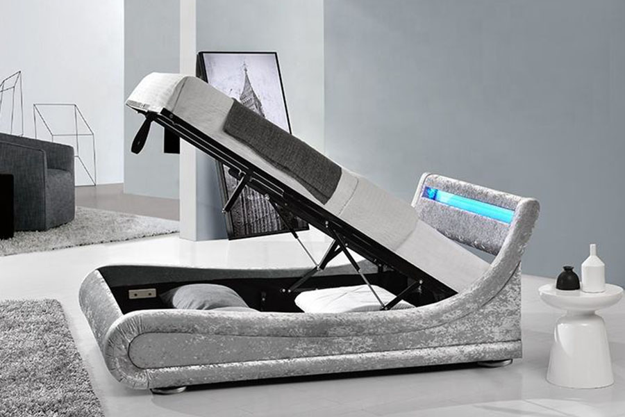 Crushed-Velvet LED Ottoman Gas Lift Lagringssengeramme