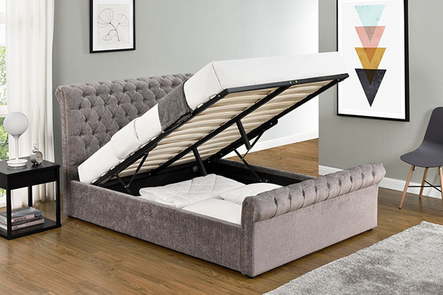 1208G Chesterfield Chenille-Velvet Sleigh Ottoman Storage Bed Frame