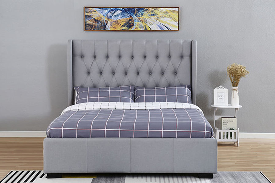 1310G høy hodegavl Wingback grått stoff knapp-detalj lagringssengramme