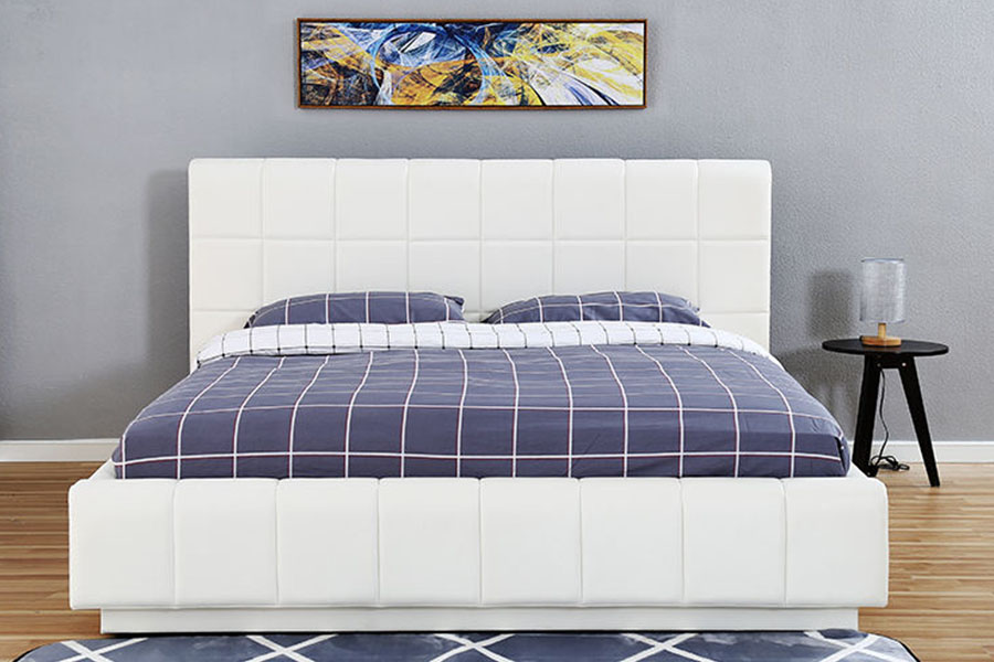 1305G tresidig LED-hvitt-PU-skinn oppbevaringsrom Polstret sengeramme