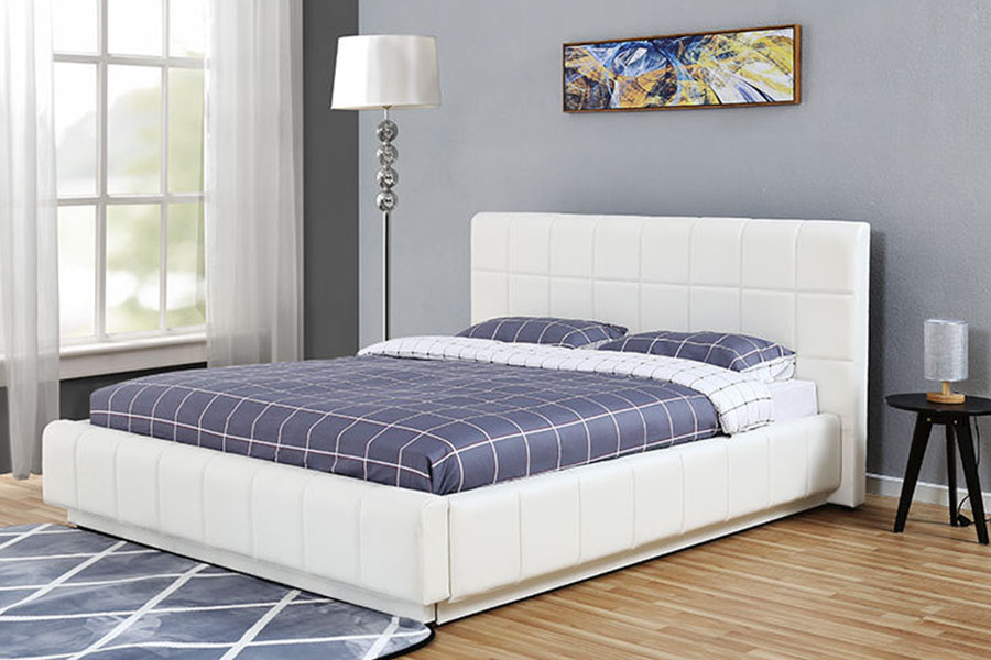 1305G tresidig LED-hvitt-PU-skinn oppbevaringsrom Polstret sengeramme
