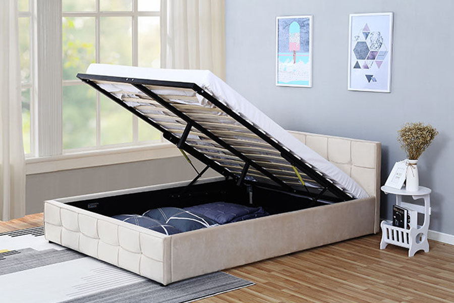 1295G Panel-hodegavl Stoff Queen Polstret Ottoman Storage Bed Ramme