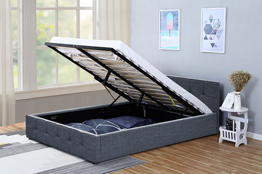 1295G Panel-hodegavl Stoff Queen Polstret Ottoman Storage Bed Ramme