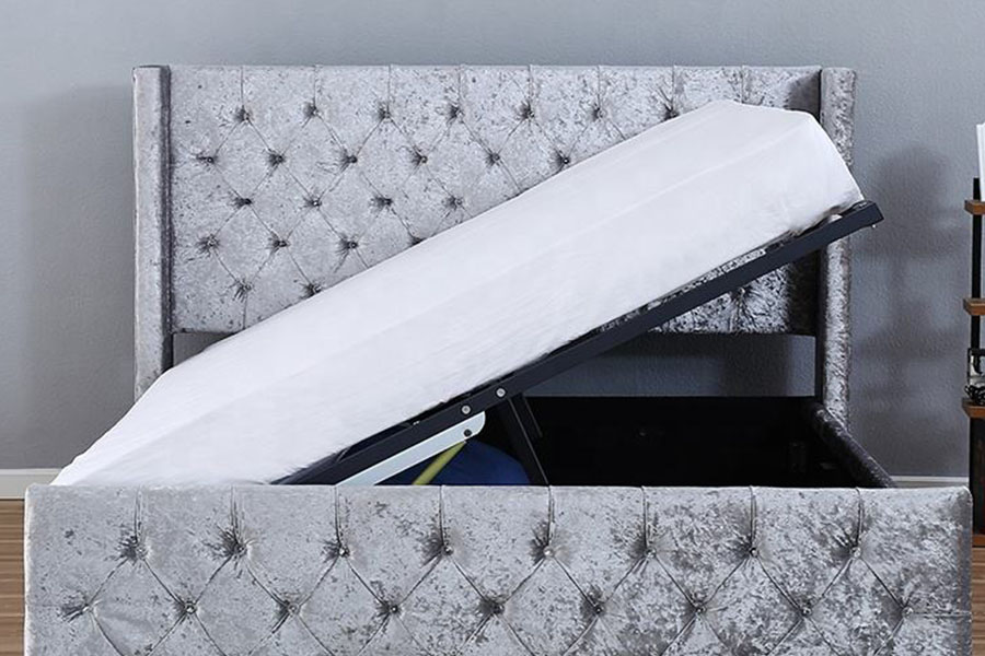 1290-1G Sølv-Fløyel LED Winged-Diamante oppbevaringsseng i tre