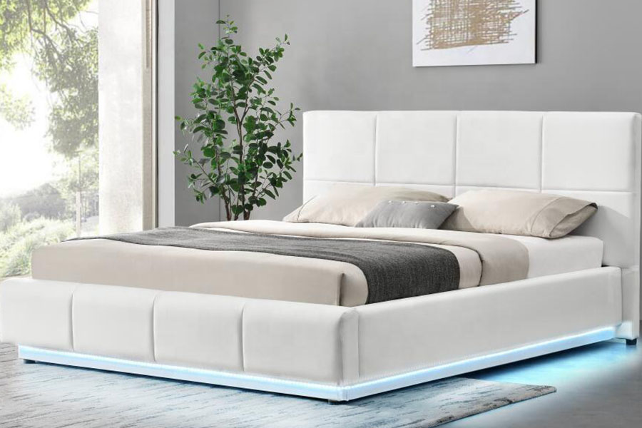 1239-1G hvit imitert ottomansk LED dobbel polstret sengeramme